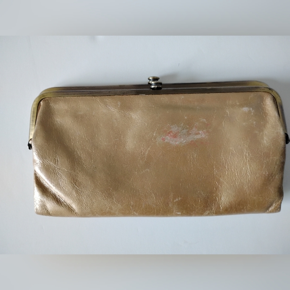 HOBO  Leather Lauren Wallet Kiss Lock Metallic Gold Folding  Classic Clutch - Picture 3 of 12